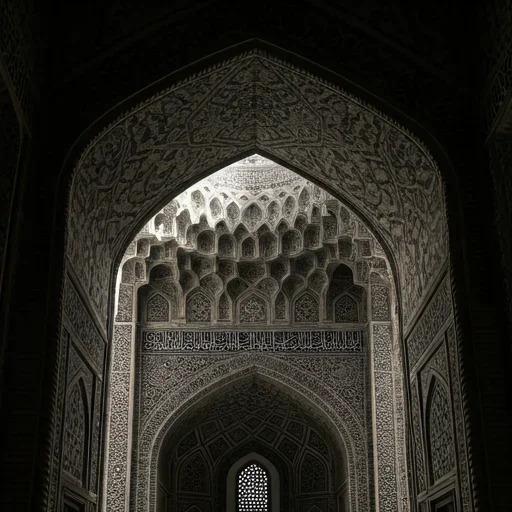 Moody black and white photograph of ancient Samarkand architecture