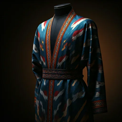 Luxury editorial fashion portrait with Uzbek silk ikat garment