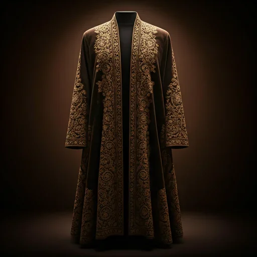 Cinematic shot of velvet chapan with gold embroidery