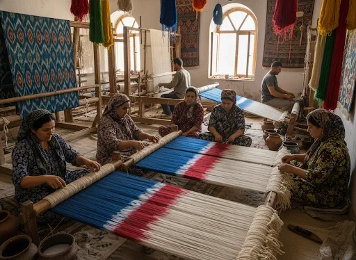 Artisan's hands binding threads for indigo dyeing