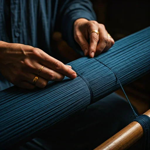 Artisan's hands binding threads for indigo dyeing