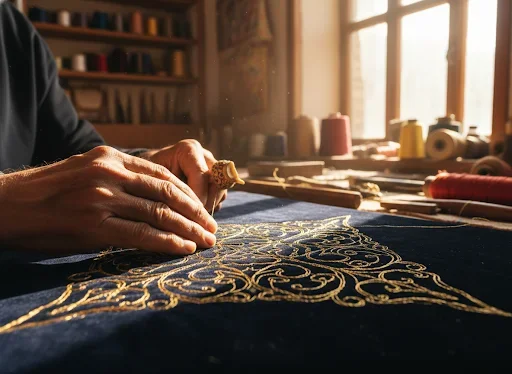 Artisan's hands binding threads for indigo dyeing